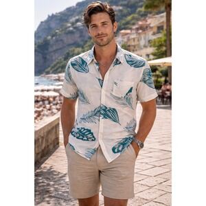 VSTR Tropical Leaf Button Down Shirt Mens Medium White Teal NEW 4-Way Stretch